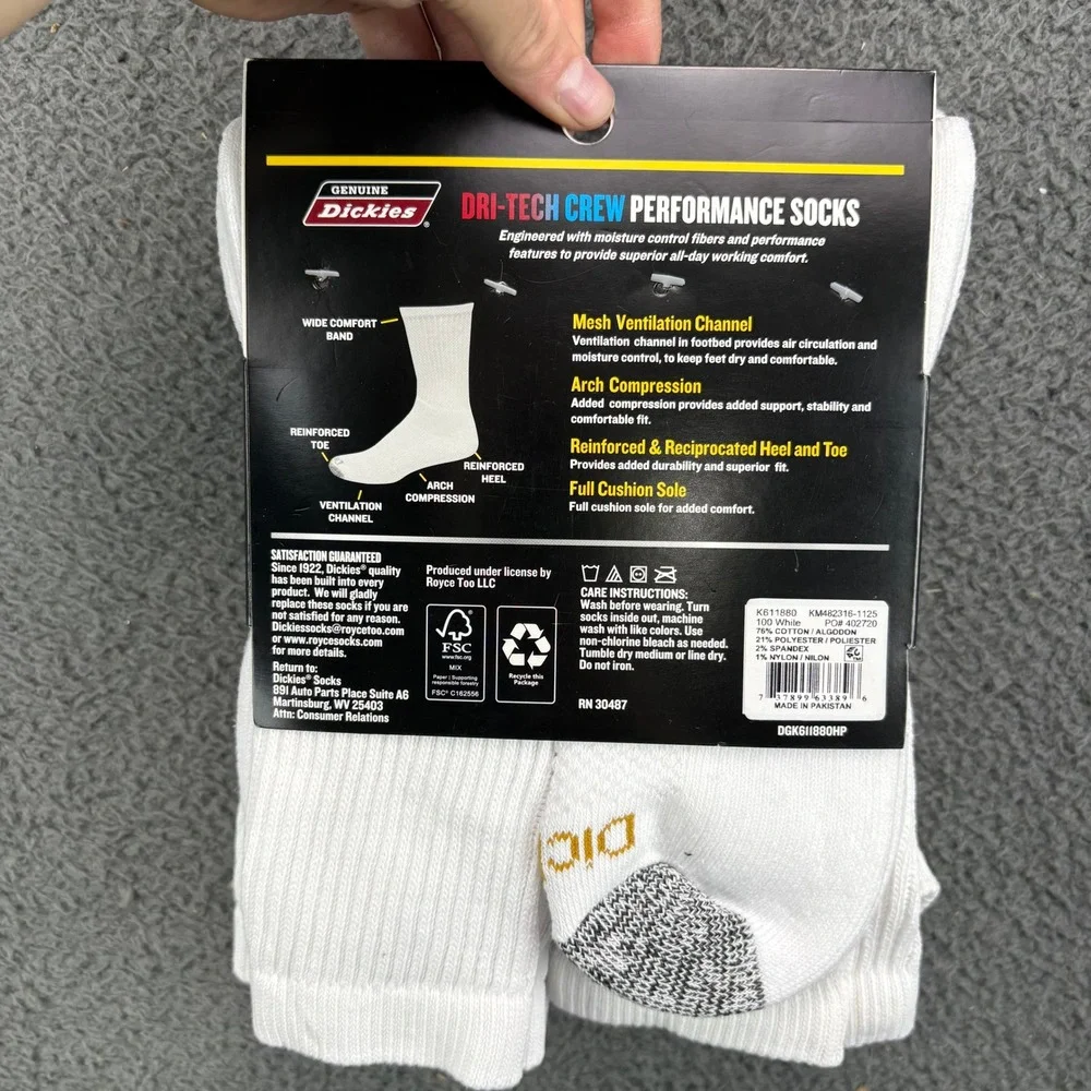 Dickies Mens 6 Pair Dri-Tech Crew Performance Work Socks White Size 6-12 K611880